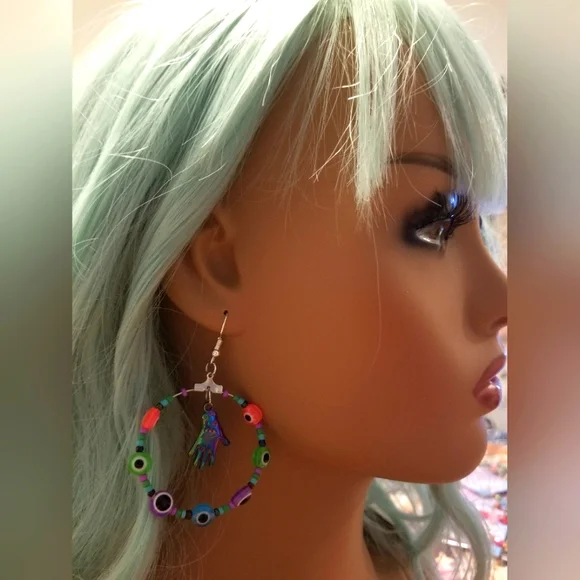 Hamsa hand evil eye earrings boho - Picture 2 of 5